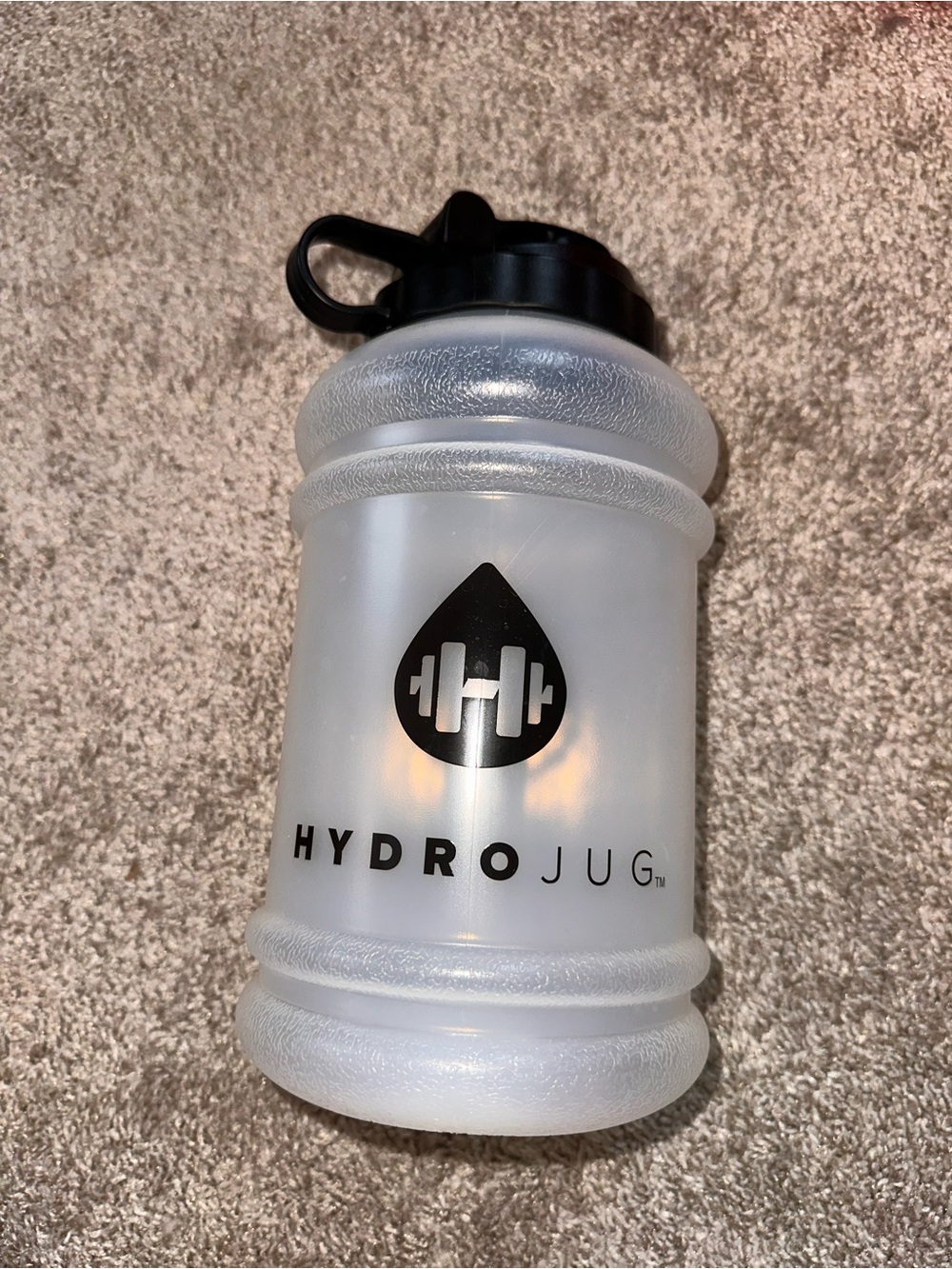 HydroJug Frosted White Bottle with Black Lid and Logo